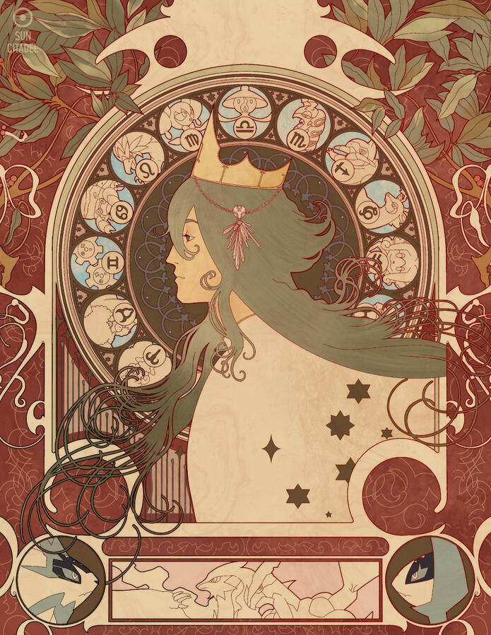 A Pokémon master study / parody of Alphonse Mucha's Zodiac.